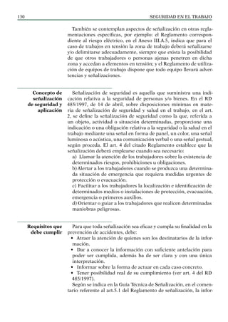 SEGURIDAD EN EL TRABAJO
130
También se contemplan aspectos de señalización en otras regla-
mentaciones específicas, por ejemplo: el Reglamento correspon-
diente al riesgo eléctrico, en el Anexo III.A.5, indica que para el
caso de trabajos en tensión la zona de trabajo deberá señalizarse
y/o delimitarse adecuadamente, siempre que exista la posibilidad
de que otros trabajadores o personas ajenas penetren en dicha
zona y accedan a elementos en tensión; y el Reglamento de utiliza-
ción de equipos de trabajo dispone que todo equipo llevará adver-
tencias y señalizaciones.
Señalización de seguridad es aquella que suministra una indi-
cación relativa a la seguridad de personas y/o bienes. En el RD
485/1997, de 14 de abril, sobre disposiciones mínimas en mate-
ria de señalización de seguridad y salud en el trabajo, en el art.
2, se define la señalización de seguridad como la que, referida a
un objeto, actividad o situación determinadas, proporcione una
indicación o una obligación relativa a la seguridad o la salud en el
trabajo mediante una señal en forma de panel, un color, una señal
luminosa o acústica, una comunicación verbal o una señal gestual,
según proceda. El art. 4 del citado Reglamento establece que la
señalización deberá emplearse cuando sea necesario:
a) Llamar la atención de los trabajadores sobre la existencia de
determinados riesgos, prohibiciones u obligaciones.
b) Alertar a los trabajadores cuando se produzca una determina-
da situación de emergencia que requiera medidas urgentes de
protección o evacuación.
c) Facilitar a los trabajadores la localización e identificación de
determinados medios o instalaciones de protección, evacuación,
emergencia o primeros auxilios.
d) Orientar o guiar a los trabajadores que realicen determinadas
maniobras peligrosas.
Para que toda señalización sea eficaz y cumpla su finalidad en la
prevención de accidentes, debe:
• Atraer la atención de quienes son los destinatarios de la infor-
mación.
• Dar a conocer la información con suficiente antelación para
poder ser cumplida, además ha de ser clara y con una única
interpretación.
• Informar sobre la forma de actuar en cada caso concreto.
• Tener posibilidad real de su cumplimiento (ver art. 4 del RD
485/1997).
Según se indica en la Guía Técnica de Señalización, en el comen-
tario referente al art.5.1 del Reglamento de señalización, la infor-
Concepto de
señalización
de seguridad y
aplicación
Requisitos que
debe cumplir
 