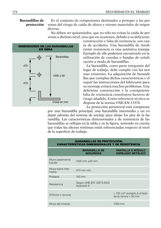 SEGURIDAD EN EL TRABAJO
174
Es el conjunto de componentes destinados a proteger a las per-
sonas del riesgo de caída de altura y retener materiales de origen
diverso.
No deben ser quitamiedos, que no sólo no evitan la caída de per-
sonas a distinto nivel, sino que en ocasiones, debido a su deficiente
construcción y falta de resistencia, son cau-
sa de accidente. Una barandilla de insufi-
ciente resistencia es una auténtica trampa.
Ejemplo de ello podemos encontrarlo en la
utilización de cuerdas o bandas de señali-
zación a modo de barandillas.
La barandilla, como parte integrante del
lugar de trabajo, debe cumplir con las nor-
mas existentes. La adquisición de barandi-
llas que cumplan dichas características y el
seguir las instrucciones del fabricante para
su montaje evitará muchos problemas. Una
deficiente construcción y la consiguiente
falta de resistencia constituyen factores de
riesgo añadido. Como referencia técnica se
dispone de la norma UNE-EN 13374.
La protección perimetral está compuesta
por una barandilla principal, una barandilla intermedia y un ro-
dapié además del sistema de anclaje para alojar los pies de la ba-
randilla. Las características dimensionales y de resistencia de las
barandillas se reflejan en la tabla y en la figura, teniendo en cuenta
que todas las alturas mínimas están referenciadas respecto al nivel
de la superficie de trabajo.
BARANDILLAS DE PROTECCIÓN.
CARACTERÍSTICAS DIMENSIONALES Y DE RESISTENCIA
BARANDILLA DE
SEGURIDAD
PANTALLA O MÓDULO
ENREJADO METÁLICO
Altura pasamanos
tubular
1000 mm ±50 mm
Altura barra inter-
media
470 mm mín.
Rodapié 150 mm
Resistencia
Según UNE-EN 13374:2004
Apartado 6
Orificios o ranuras
≤ 100 cm2
excepto si el lado
de la ranura < 50 mm
Altura del módulo 1000 mm
Barandillas de
protección
DIMENSIONES DE LAS BARANDILLAS
EN OBRA
Cotas en mm
Barandillas
1000 ± 50
470
470
 
