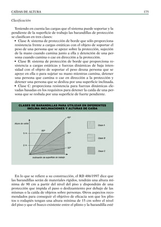 CAÍDAS DE ALTURA 175
Clasificación
Teniendo en cuenta las cargas que el sistema puede soportar y la
pendiente de la superficie de trabajo las barandillas de protección
se clasifican en tres clases:
• Clase A: sistema de protección de borde que sólo proporciona
resistencia frente a cargas estáticas con el objeto de soportar el
peso de una persona que se apoye sobre la protección, sujeción
de la mano cuando camina junto a ella y detención de una per-
sona cuando camina o cae en dirección a la protección.
• Clase B: sistema de protección de borde que proporciona re-
sistencia a cargas estáticas y fuerzas dinámicas de baja inten-
sidad con el objeto de soportar el peso deuna persona que se
apoye en ella o para sujetar su mano mientras camina, detener
una persona que camina o cae en dirección a la protección y
detener una persona que se desliza por una superficie inclinada.
• Clase C: proporciona resistencia para fuerzas dinámicas ele-
vadas basadas en los requisitos para detener la caída de una per-
sona que se resbala por una superficie de fuerte pendiente.
CLASES DE BARANDILLAS PARA UTILIZAR EN DIFERENTES
INCLINA INCLINACIONES Y ALTURAS DE CAÍDA
En lo que se refiere a su construcción, el RD 486/1997 dice que
las barandillas serán de materiales rígidos, tendrán una altura mí-
nima de 90 cm a partir del nivel del piso y dispondrán de una
protección que impida el paso o deslizamiento por debajo de las
mismas o la caída de objetos sobre personas. Otros aspectos reco-
mendados para conseguir el objetivo de eficacia son que los plin-
tos o rodapiés tengan una altura mínima de 15 cm sobre el nivel
del piso y que el hueco existente entre el plinto y la barandilla esté
 