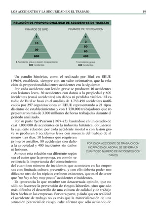 Los ACCIDENTES Y LA SEGURIDAD EN EL TRABAJO 19
Un estudio histórico, como el realizado por Bird en EEUU
(1969), establecía, siempre con un valor orientativo, que la rela-
ción de proporcionalidad entre accidentes era la siguiente:
Por cada accidente con lesión grave se producen 10 accidentes
con lesiones leves, 30 accidentes con daños a la propiedad y 600
incidentes (cuasi accidentes) sin daños ni pérdidas visibles. El es-
tudio de Bird se basó en el análisis de 1.753.498 accidentes notifi-
cados por 297 organizaciones en EEUU representando a 21 tipos
distintos de establecimientos y con 1.750.000 trabajadores que re-
presentaron más de 3.000 millones de horas trabajadas durante el
periodo analizado.
Por su parte Tye/Pearson (1974-75), basándose en un estudio de
casi 1.000.000 de accidentes en la industria británica, obtuvieron
la siguiente relación: por cada accidente mortal o con lesión gra-
ve se producen 3 accidentes leves con ausencia del trabajo de al
menos tres días, 50 lesiones que requieren
primeros auxilios, 80 accidentes con daño
a la propiedad y 400 incidentes sin daños
ni lesiones.
Aunque esta relación sea diferente según
sea el autor que la proponga, en común se
evidencia la importancia del conocimiento
del cuantioso número de incidentes que acontecen en las empre-
sas con limitada cultura preventiva, y con ello debería poder mo-
dificarse otro de los tópicos erróneos existentes, que es el de creer
que “no hay o hay muy pocos” accidentes e incidentes.
Es ignorancia lo que encubre tan desacertada opinión, que no
sólo no favorece la prevención de riesgos laborales, sino que ade-
más dificulta el desarrollo de una cultura de calidad y de trabajo
bien hecho en las empresas. Por otra parte, y dado que en realidad
el accidente de trabajo no es más que la materialización de una
situación potencial de riesgo, cabe afirmar que sólo actuando de
RELACIÓN DE PROPORCIONALIDAD DE ACCIDENTES DE TRABAJO
1 Accidente grave o lesión incapacitante
600 Incidentes
1 Accidente grave
400 Incidentes
1
10
30
600
Pirámide de Bird Pirámide de Tye/Pearson
1
3
50
80
400
POR CADA ACCIDENTE DE TRABAJO CON
INCAPACIDAD LABORAL SE GENERA UN
CUANTIOSO NÚMERO DE INCIDENTES CON
DAÑOS
 