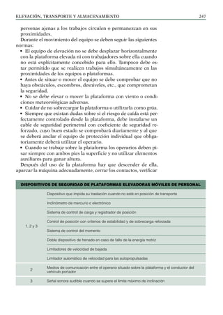elevación, transporte y almacenamiento 247
personas ajenas a los trabajos circulen o permanezcan en sus
proximidades.
Durante el movimiento del equipo se deben seguir las siguientes
normas:
• El equipo de elevación no se debe desplazar horizontalmente
con la plataforma elevada ni con trabajadores sobre ella cuando
no está explícitamente concebido para ello. Tampoco debe es-
tar permitido que se realicen trabajos simultáneamente en las
proximidades de los equipos o plataformas.
• Antes de situar o mover el equipo se debe comprobar que no
haya obstáculos, escombros, desniveles, etc., que comprometan
la seguridad.
• No se debe elevar o mover la plataforma con viento o condi-
ciones meteorológicas adversas.
• Cuidar de no sobrecargar la plataforma o utilizarla como grúa.
• Siempre que existan dudas sobre si el riesgo de caída está per-
fectamente controlado desde la plataforma, debe instalarse un
cable de seguridad perimetral con coeficiente de seguridad re-
forzado, cuyo buen estado se comprobará diariamente y al que
se deberá anclar el equipo de protección individual que obliga-
toriamente deberá utilizar el operario.
• Cuando se trabaje sobre la plataforma los operarios deben pi-
sar siempre con ambos pies la superficie y no utilizar elementos
auxiliares para ganar altura.
Después del uso de la plataforma hay que descender de ella,
aparcar la máquina adecuadamente, cerrar los contactos, verificar
DISPOSITIVOS DE SEGURIDAD DE PLATAFORMAS ELEVADORAS MÓVILES DE PERSONAL
1, 2 y 3
Dispositivo que impida su traslación cuando no esté en posición de transporte
Inclinómetro de mercurio o electrónico
Sistema de control de carga y registrador de posición
Control de posición con criterios de estabilidad y de sobrecarga reforzada
Sistema de control del momento
Doble dispositivo de frenado en caso de fallo de la energía motriz
Limitadores de velocidad de bajada
Limitador automático de velocidad para las autopropulsadas
2
Medios de comunicación entre el operario situado sobre la plataforma y el conductor del
vehículo portador
3 Señal sonora audible cuando se supere el límite máximo de inclinación
 