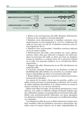 SEGURIDAD EN EL TRABAJO
260
• Daños en las terminaciones del cable. Desgaste, deformación
o fisuras en los casquillos o trenzado deshecho.
• Alambres rotos aleatoriamente: 6 alambres exteriores rotos
aleatoriamente en una longitud de 6 x d (d es el diámetro del
cable en mm.) pero no más de 14 alambres exteriores rotos en
una longitud de 30 x d.
• Alambres rotos concentrados: 3 alambres exteriores adyacen-
tes en un mismo cordón.
• Deformaciones del cable, como pueden ser: cocas, aplasta-
mientos, nidos, alma que sobresale o cualquier otro daño que
altere la estructura del cable, es decir, que haya un desplaza-
miento de alambres o cordones fuera de su posición original
en el cable. Las pequeñas dobleces no se considerarán daños
importantes.
• Desgaste del cable. Disminución en un 10% del diámetro no-
minal del cable.
• Corrosión avanzada. Picaduras de los alambres y/o falta de
flexibilidad del cable debidas a la corrosión. La corrosión super-
ficial es improbable que afecte a la resistencia del cable.
• Daños debidos al calor, que se ponen en evidencia por la deco-
loración de los alambres.
Los ajustes de los ojales y lazos para los ganchos, anillos y ar-
gollas estarán provistos de guardacabos resistentes. En la unión
de cables mediante abrazaderas en U, deberá tenerse en cuenta el
número (mínimo 3) y su correcta colocación.
Deben estar libres de nudos, sin torceduras permanentes y otros
defectos. Los cables no deberán trabajar formando ángulos agu-
dos, debiéndose equipar con guardacabos de resistencia adecuada.
Deben estar permanentemente lubricados con grasa apropiada.
Los diámetros mínimos de curvatura para su enrollamiento deben
ser respetados.
Las eslingas de cables de acero se deben almacenar en lugar seco,
bien ventilado y libre de atmósferas corrosivas o polvorientas. No
deben estar en contacto directo con el suelo, suspendiéndose de
Rendimiento de la capacidad de carga en función del acoplamiento al terminal
Terminal forjado 100% Terminal con grapas 90 - 95 %
Terminal con guardacabos 75 - 80 % Terminal con guardacabos
			 y gaza forrada a mano 80 - 85 %
 