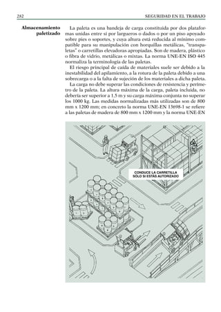 SEGURIDAD EN EL TRABAJO
282
La paleta es una bandeja de carga constituida por dos platafor-
mas unidas entre sí por largueros o dados o por un piso apoyado
sobre pies o soportes, y cuya altura está reducida al mínimo com-
patible para su manipulación con horquillas metálicas, “transpa-
letas” o carretillas elevadoras apropiadas. Son de madera, plástico
o fibra de vidrio, metálicas o mixtas. La norma UNE-EN ISO 445
normaliza la terminología de las paletas.
El riesgo principal de caída de materiales suele ser debido a la
inestabilidad del apilamiento, a la rotura de la paleta debido a una
sobrecarga o a la falta de sujeción de los materiales a dicha paleta.
La carga no debe superar las condiciones de resistencia y períme-
tro de la paleta. La altura máxima de la carga, paleta incluida, no
debería ser superior a 1,5 m y su carga máxima conjunta no superar
los 1000 kg. Las medidas normalizadas más utilizadas son de 800
mm x 1200 mm; en concreto la norma UNE-EN 13698-1 se refiere
a las paletas de madera de 800 mm x 1200 mm y la norma UNE-EN
Almacenamiento
paletizado
Conduce la carretilla
sÓlo si estás autorizado
 