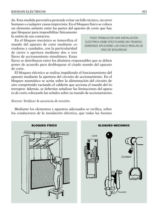 riesgos eléctricos 303
da. Esta medida preventiva pretende evitar un fallo técnico, un error
humano o cualquier causa imprevista. En el bloqueo físico se coloca
un elemento aislante entre las partes del aparato de corte que hay
que bloquear para imposibilitar físicamente
la unión de sus contactos.
En el bloqueo mecánico se inmoviliza el
mando del aparato de corte mediante ce-
rraduras y candados, con la particularidad
de cierre o apertura mediante dos o tres
llaves de accionamiento simultáneo. Estas
llaves se distribuyen entre los distintos responsables que se deben
poner de acuerdo para desbloquear el citado mando del aparato
de corte.
El bloqueo eléctrico se realiza impidiendo el funcionamiento del
aparato mediante la apertura del circuito de accionamiento. En el
bloqueo neumático se actúa sobre la alimentación del circuito de
aire comprimido vaciando el calderín que acciona el mando del in-
terruptor. Además, se deberían señalizar las limitaciones del apara-
to de corte colocando las señales sobre su mando de accionamiento.
Tercera: Verificar la ausencia de tensión.
Mediante los elementos y aparatos adecuados se verifica, sobre
los conductores de la instalación eléctrica, que todas las fuentes
TODO TRABAJO EN UNA INSTALACIÓN
ELÉCTRICA DEBE EFECTUARSE SIN TENSIÓN,
DEBIENDO APLICARSE LAS CINCO REGLAS DE
ORO DE SEGURIDAD
BLOQUEO mecánico
BLOQUEO FÍSICO
 