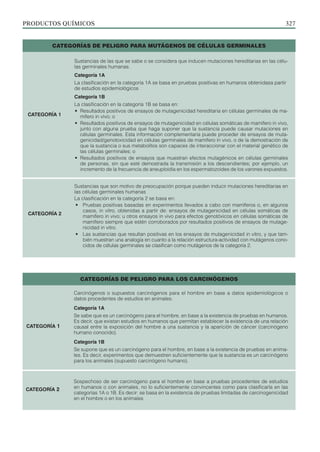 PRODUCTOS QUÍMICOS 327
Sustancias de las que se sabe o se considera que inducen mutaciones hereditarias en las célu-
las germinales humanas.
Categoría 1A
La clasificación en la categoría 1A se basa en pruebas positivas en humanos obtenidasa partir
de estudios epidemiológicos
Categoría 1B
La clasificación en la categoría 1B se basa en:
• Resultados positivos de ensayos de mutagenicidad hereditaria en células germinales de ma-
mífero in vivo; o
• Resultados positivos de ensayos de mutagenicidad en células somáticas de mamífero in vivo,
junto con alguna prueba que haga suponer que la sustancia puede causar mutaciones en
células germinales. Esta información complementaria puede proceder de ensayos de muta-
genicidad/genotoxicidad en células germinales de mamífero in vivo, o de la demostración de
que la sustancia o sus metabolitos son capaces de interaccionar con el material genético de
las células germinales; o
• Resultados positivos de ensayos que muestran efectos mutagénicos en células germinales
de personas, sin que esté demostrada la transmisión a los descendientes; por ejemplo, un
incremento de la frecuencia de aneuploidía en los espermatozoides de los varones expuestos.
Sustancias que son motivo de preocupación porque pueden inducir mutaciones hereditarias en
las células germinales humanas
La clasificación en la categoría 2 se basa en:
• Pruebas positivas basadas en experimentos llevados a cabo con mamíferos o, en algunos
casos, in vitro, obtenidas a partir de: ensayos de mutagenicidad en células somáticas de
mamífero in vivo; u otros ensayos in vivo para efectos genotóxicos en células somáticas de
mamífero siempre que estén corroborados por resultados positivos de ensayos de mutage-
nicidad in vitro.
• Las sustancias que resultan positivas en los ensayos de mutagenicidad in vitro, y que tam-
bién muestran una analogía en cuanto a la relación estructura-actividad con mutágenos cono-
cidos de células germinales se clasifican como mutágenos de la categoría 2.
CATEGORÍA 1
CATEGORÍA 2
CATEGORÍAS DE PELIGRO PARA MUTÁGENOS DE CÉLULAS GERMINALES
CATEGORÍAS DE PELIGRO PARA LOS CARCINÓGENOS
Carcinógenos o supuestos carcinógenos para el hombre en base a datos epidemiológicos o
datos procedentes de estudios en animales.
Categoría 1A
Se sabe que es un carcinógeno para el hombre, en base a la existencia de pruebas en humanos.
Es decir, que existan estudios en humanos que permitan establecer la existencia de una relación
causal entre la exposición del hombre a una sustancia y la aparición de cáncer (carcinógeno
humano conocido).
Categoría 1B
Se supone que es un carcinógeno para el hombre, en base a la existencia de pruebas en anima-
les. Es decir, experimentos que demuestren suficientemente que la sustancia es un carcinógeno
para los animales (supuesto carcinógeno humano).
Sospechoso de ser carcinógeno para el hombre en base a pruebas procedentes de estudios
en humanos o con animales, no lo suficientemente convincentes como para clasificarla en las
categorías 1A o 1B. Es decir: se basa en la existencia de pruebas limitadas de carcinogenicidad
en el hombre o en los animales
CATEGORÍA 1
CATEGORÍA 2
 