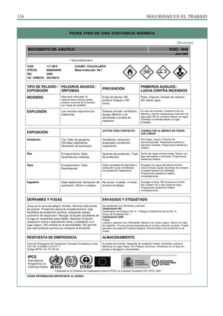 SEGURIDAD EN EL TRABAJO
336
ISOCIANATO DE n-BUTILO  ICSC: 1642
Abril 2007

 1-Isocianatobutano 

CAS:  111-36-4  C5H9NO / CH3(CH2)3NCO 
RTECS:  NQ8250000  Masa molecular: 99,1 
NU:  2485 
CE / EINECS: 203-862-8

   


TIPO DE PELIGRO /
EXPOSICIÓN 
PELIGROS AGUDOS /
SÍNTOMAS 
PREVENCIÓN 
PRIMEROS AUXILIOS /
LUCHA CONTRA INCENDIOS 
INCENDIO  Altamente inflamable. El
calentamiento intenso puede
producir aumento de la presión
con riesgo de estallido.
Evitar las llamas, NO
producir chispas y NO
fumar. 
Polvo. Espuma. Dióxido de carbono.
NO utilizar agua.
EXPLOSIÓN  Las mezclas vapor/aire son
explosivas. 
Sistema cerrado, ventilación,
equipo eléctrico y de
alumbrado a prueba de
explosión. 
En caso de incendio: mantener fríos los
bidones y demás instalaciones rociando con
agua pero NO en contacto directo con agua.
Combatir el incendio desde un lugar
protegido. 

EXPOSICIÓN   ¡EVITAR TODO CONTACTO!  ¡CONSULTAR AL MÉDICO EN TODOS
LOS CASOS! 
Inhalación  Tos. Dolor de garganta.
Dificultad respiratoria.
Sensación de quemazón. 
Ventilación, extracción
localizada o protección
respiratoria. 
Aire limpio, reposo. Posición de
semiincorporado. Respiración artificial si
estuviera indicada. Proporcionar asistencia
médica.
Piel  Enrojecimiento. Dolor.
Quemaduras cutáneas. 
Guantes de protección. Traje
de protección. 
Quitar las ropas contaminadas. Aclarar con
agua abundante o ducharse. Proporcionar
asistencia médica. 
Ojos  Enrojecimiento. Dolor.
Quemaduras. 
Gafas ajustadas de seguridad o
protección ocular combinada
con protección respiratoria. 
Enjuagar con agua abundante durante
varios minutos (quitar las lentes de contacto
si puede hacerse con facilidad).
Proporcionar asistencia médica
inmediatamente.
Ingestión  Dolor abdominal. Sensación de
quemazón. Shock o colapso. 
No comer, ni beber, ni fumar
durante el trabajo. 
Enjuagar la boca. NO provocar el vómito.
Dar a beber uno o dos vasos de agua.
Proporcionar asistencia médica
inmediatamente. 

DERRAMES Y FUGAS  ENVASADO Y ETIQUETADO 
¡Evacuar la zona de peligro! Ventilar. Eliminar toda fuente
de ignición. Protección personal complementaria: traje
hermético de protección química, incluyendo equipo
autónomo de respiración. Recoger el líquido procedente de
la fuga en recipientes precintables. Absorber el líquido
residual en arena o absorbente inerte y trasladarlo a un
lugar seguro. NO verterlo en el alcantarillado. NO permitir
que este producto químico se incorpore al ambiente. 
No transportar con alimentos y piensos.
Clasificación NU
Clasificación de Peligros NU: 6.1; Riesgos Subsidiarios de las NU: 3;
Grupo de Envasado NU: I
Clasificación GHS
Peligro
Líquido y vapores muy inflamables. Mortal si se inhala (vapor). Nocivo en caso
de ingestión. Provoca graves quemaduras en la piel y lesiones oculares. Puede
provocar una reacción cutánea alérgica. Provoca daño a los pulmones si se
inhala. 
RESPUESTA DE EMERGENCIA  ALMACENAMIENTO 
Ficha de Emergencia de Transporte (Transport Emergency Card):
TEC (R)- 61S2485 o 61GTF1-I
Código NFPA: H3; F3; R2; W 
A prueba de incendio. Separado de oxidantes fuertes, alimentos y piensos.
Mantener en lugar fresco. Ver Peligros Químicos. Almacenar en un área sin
acceso a desagües o alcantarillas. 
IPCS 
International 
Programme on 
Chemical Safety    


Preparada en el Contexto de Cooperación entre el IPCS y la Comisión Europea © CE, IPCS, 2007
VÉASE INFORMACIÓN IMPORTANTE AL DORSO
FICHA FISQ DE UNA SUSTANCIA QUÍMICA
(Anverso)
 