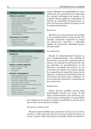 SEGURIDAD EN EL TRABAJO
34
TÉCNICAS ANALÍTICAS DE SEGURIDAD
Previas al accidente
Estudio y análisis documental de riesgos
Análisis histórico de accidentes
Control estadístico de la siniestralidad
Verificación del cumplimiento de las
reglamentaciones
Evaluaciones de riesgos
Revisiones e inspecciones de seguridad
Observaciones del trabajo
Control global de la calidad del proceso productivo
y de los productos
Posteriores al accidente
Notificación de accidentes
Registro de accidentes
Investigación de accidentes e incidentes
Análisis estadístico de la siniestralidad
TÉCNICAS OPERATIVAS DE SEGURIDAD
Materiales
Selección de materiales o energías
Proyecto y diseño de instalaciones y equipos
Diseño de sistemas de seguridad
Selección y empleo de equipos
Sobre el entorno ambiental
Diseño del lugar de trabajo
Orden y limpieza
Iluminación
Humanas y organizativas
Selección de personal en función del contenido y
tareas del trabajo a realizar
Información de los riesgos
Formación y adiestramiento en las tareas
Diseño de métodos de trabajo
Implantación de instrucciones de trabajo y normas
Señalización de riesgos
Mantenimiento de instalaciones y equipos
Plan de emergencia
Empleo de equipos de protección individual
Vigilancia de la salud de los trabajadores
ritaria. Minimiza la probabilidad de mate-
rialización del acontecimiento indeseado.
Por ejemplo, utilizando una energía o un
producto menos peligroso o diseñando un
sistema de seguridad intrínsecamente se-
guro, de forma que elimine el riesgo o evite
la exposición al mismo.
Protección
Minimiza las consecuencias del acciden-
te. Es complementaria a la prevención. Por
ejemplo, instalando resguardos en máqui-
nas (protección colectiva), o utilizando
equipos de protección individual (protec-
ción personal).
Normalización
Regula el comportamiento humano se-
guro, complementando a las medidas de
prevención y protección y garantizando su
eficacia. El manual de prevención de ries-
gos laborales, los procedimientos de las
diferentes actividades preventivas, las ins-
trucciones de trabajo y las normas genera-
les o específicas de seguridad, junto con los
registros, constituyen documentos básicos
del sistema preventivo para establecer cri-
terios claros de actuación y comprobación
de su ejecución.
Señalización
Indica, advierte, prohibe, orienta sobre
determinados factores de riesgo. Es del
todo complementaria a las anteriores. Las
informaciones destacables a ser percibidas
por cualquiera de nuestros sentidos contribuirán a que las perso-
nas actúen correctamente sin dudar.
Formación e Información
Siempre imprescindible para garantizar la eficacia de las otras
técnicas y sobre todo para que las personas actúen de forma co-
rrecta y segura. Todo el personal con mando, desde los directivos
 