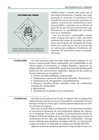 SEGURIDAD EN EL TRABAJO
362
sólidos) junto a mucho más calor que el
precisado inicialmente. Cuando este calor
generado se reinvierte en promover el de-
sarrollo de nuevas reacciones químicas en
cadena, el proceso de combustión se hace
incontrolable y, mientras no se elimine al-
guno de los tres factores concurrentes que
determinan la posibilidad del incendio,
éste no se extinguirá.
Los tres factores, combustible, combu-
rente (oxígeno del aire) y calor, son deter-
minantes del riesgo de incendio. Se simbo-
lizan con la figura del triángulo del fuego.
Existe un cuarto factor que es la reacción
en cadena que configura el fenómeno del
incendio. Se representa como el tetraedro
del fuego.
Es toda sustancia capaz de arder. Toda materia orgánica es, en
mayor o menor grado, buen combustible. Los combustibles se cla-
sifican según, su naturaleza, en sólidos, líquidos y gaseosos. La
peligrosidad de un combustible queda determinada fundamental-
mente por las características siguientes, algunas de las cuales ya
fueron expuestas en el capítulo 12.
• Límites de inflamabilidad o explosividad.
• Temperatura o punto de inflamación (destello, “flash point”).
• Temperatura de autoignición o autoinflamación.
• Potencia calorífica (Poder calorífico, Calor de combustión,
Entalpía de combustión).
• Reactividad.
• Toxicidad de los productos de combustión.
Es toda mezcla gaseosa en la que el oxígeno está en proporción
suficiente para que en su seno se desarrolle la combustión. El com-
burente normal es el aire, que contiene aproximadamente un 21%
en volumen de oxígeno.
Para que se desarrolle la combustión, en los procesos normales,
es necesaria la presencia de una proporción mínima de oxígeno
en el ambiente. Este valor establece la Concentración Límite de
Oxígeno (CLO) por debajo de la cual falta oxígeno para activar la
combustión. Es un valor que depende del combustible y del gas
inerte utilizado para desplazar el oxígeno del aire. La inertización
se basa en reducir el contenido de oxígeno por debajo del CLO.
Algunas sustancias químicas aportan el oxígeno bajo ciertas con-
Combustible
Comburente
FUEGO: Rápida reacción química de
oxidación de caracter exotérmico
FACTORES DEL FUEGO
 