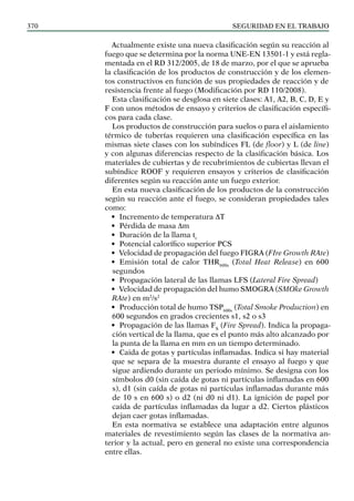 SEGURIDAD EN EL TRABAJO
370
Actualmente existe una nueva clasificación según su reacción al
fuego que se determina por la norma UNE-EN 13501-1 y está regla-
mentada en el RD 312/2005, de 18 de marzo, por el que se aprueba
la clasificación de los productos de construcción y de los elemen-
tos constructivos en función de sus propiedades de reacción y de
resistencia frente al fuego (Modificación por RD 110/2008).
Esta clasificación se desglosa en siete clases: A1, A2, B, C, D, E y
F con unos métodos de ensayo y criterios de clasificación específi-
cos para cada clase.
Los productos de construcción para suelos o para el aislamiento
térmico de tuberías requieren una clasificación específica en las
mismas siete clases con los subíndices FL (de floor) y L (de line)
y con algunas diferencias respecto de la clasificación básica. Los
materiales de cubiertas y de recubrimientos de cubiertas llevan el
subíndice ROOF y requieren ensayos y criterios de clasificación
diferentes según su reacción ante un fuego exterior.
En esta nueva clasificación de los productos de la construcción
según su reacción ante el fuego, se consideran propiedades tales
como:
• Incremento de temperatura DT
• Pérdida de masa Dm
• Duración de la llama tr
• Potencial calorífico superior PCS
• Velocidad de propagación del fuego FIGRA (FIre Growth RAte)
• Emisión total de calor THR600s
(Total Heat Release) en 600
segundos
• Propagación lateral de las llamas LFS (Lateral Fire Spread)
• Velocidad de propagación del humo SMOGRA (SMOke Growth
RAte) en m2
/s2
• Producción total de humo TSP600s
(Total Smoke Production) en
600 segundos en grados crecientes s1, s2 o s3
• Propagación de las llamas FS
(Fire Spread). Indica la propaga-
ción vertical de la llama, que es el punto más alto alcanzado por
la punta de la llama en mm en un tiempo determinado.
• Caida de gotas y partículas inflamadas. Indica si hay material
que se separa de la muestra durante el ensayo al fuego y que
sigue ardiendo durante un periodo mínimo. Se designa con los
símbolos d0 (sin caída de gotas ni partículas inflamadas en 600
s), d1 (sin caída de gotas ni partículas inflamadas durante más
de 10 s en 600 s) o d2 (ni d0 ni d1). La ignición de papel por
caída de partículas inflamadas da lugar a d2. Ciertos plásticos
dejan caer gotas inflamadas.
En esta normativa se establece una adaptación entre algunos
materiales de revestimiento según las clases de la normativa an-
terior y la actual, pero en general no existe una correspondencia
entre ellas.
 