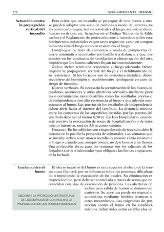 SEGURIDAD EN EL TRABAJO
376
Para evitar que un incendio se propague de una planta a otra
se pueden adoptar una serie de medidas a modo de barreras, ta-
les como cortafuegos, techos resistentes al fuego, sectorización de
huecos verticales, etc. Actualmente el Código Técnico de la Edifi-
cación y el Reglamento de protección contra incendios en los esta-
blecimientos industriales exigen unos requisitos, tanto en compor-
tamiento ante el fuego como en resistencia al fuego.
Cortafuegos. Se trata de elementos a modo de compuertas de
cierre automático accionados por fusible o a distancia y que, dis-
puestos en los conductos de ventilación o climatización del aire,
impiden que los humos calientes fluyan incontroladamente.
Techos. Deben tener una resistencia al fuego adecuada. Deben
impedir la propagación vertical del fuego y el debilitamiento de
su resistencia. Si los forjados son de estructura metálica, deben
recubrirse de hormigón o recubrimiento ignifugante en caso de
riesgo de incendio.
Huecos verticales. Es necesaria la sectorización de los huecos de
escaleras, ascensores y otras aberturas verticales mediante puer-
tas o cerramientos incombustibles como los vestíbulos previos o
de independencia con alta resistencia al fuego y que además sean
estancos al humo. Las puertas de los vestíbulos de independencia
deben abrir hacia el interior del vestíbulo. La distancia mínima
entre los contornos de las superficies barridas por las puertas del
vestíbulo debe ser al menos 0,50 m. En Uso Hospitalario, cuando
esté prevista la evacuación de zonas de hospitalización o de trata-
miento intensivo, será de 3,5 m como mínimo.
Ventanas. En los edificios con riesgo elevado de incendio debe li-
mitarse en lo posible la presencia de ventanales. Las ventanas que
se instalen deben tener marco metálico y montar vidrio resistente
al fuego o armado que, aunque rompa, no deje huecos a las llamas.
Una protección eficaz para las ventanas son los salientes de los
forjados (aleros o balconadas) que obligan a las llamas a separarse
de la fachada.
El efecto negativo del humo es muy superior al efecto de la tem-
peratura (llamas), por su influencia sobre las personas, dificultan-
do o impidiendo la evacuación de los locales. Su eliminación es
imprescindible, pero debe ser controlada a través de zonas que no
coincidan con vías de evacuación de personas. Las aberturas en
techos para salida de humos se denominan
exutorios. Su apertura puede ser manual o
automática mediante fusibles térmicos u
otros mecanismos. Las exigencias de pro-
tección contra el humo en los estableci-
mientos industriales están establecidas en
Actuación contra
la propagación
vertical del
incendio
Lucha contra el
humo
MEDIANTE LA PROTECCIÓN ESTRUCTURAL
DE LOS EDIFICIOS SE CONTROLARÁ LA
PROPAGACIÓN DE LOS POSIBLES INCENDIOS
 