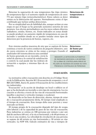 Incendios y explosiones 379
Detectan la superación de una temperatura fija (tipo térmico
de temperatura fija) o el aumento rápido de temperatura de unos
7°C por minuto (tipo termovelocimétrico). Estos valores se deter-
minan en la fabricación del aparato. Normalmente existe el tipo
combinado que incluye ambas detecciones.
Por su simplicidad son de fiabilidad alta, aunque actúan en una
etapa en que el fuego ya ha generado aumentos notorios de tem-
peratura. Los efectos perturbadores son los rayos solares directos,
radiadores, estufas, hornos, etc. Están indicados en zonas donde
se puede producir un aumento rápido de temperatura en caso de
incendio o también donde no se pueden instalar otros tipos de
detectores por la presencia de humos, vapores, etc.
Este sistema analiza muestras de aire que se aspiran de forma
continua a través de varios conductos de pequeño diámetro, uno
de cuyos extremos se sitúa en las zonas a proteger. Cuando el
analizador del sistema detecta una cantidad
de humo generada en un incendio, envía la
señal de alarma a la central de señalización
y control, la cual puede dar las órdenes de
actuación a equipos y sistemas fijos de ex-
tinción.
EVACUACIÓN
La normativa sobre evacuación está descrita en el Código Técni-
co de la Edificación, Sección SI 3 Evacuación de ocupantes y en el
RD 2267/2004, Anexo II, punto 6 Evacuación de los establecimien-
tos industriales.
“Evacuación” es la acción de desalojar un local o edificio en el
que se ha declarado un incendio u otro tipo de emergencia. La eva-
cuación se efectúa a través de las vías de evacuación horizontales
(pasillos y puertas) y verticales (rampas y escaleras).
Se desarrolla en las fases de detección, alarma, tiempo de retar-
do y evacuación propiamente dicha. El tiempo total empleado es
el tiempo de evacuación. Este tiempo debe estar previsto y tener
marcado un límite.
El tiempo propio de la evacuación depende del tipo de ocupa-
ción laboral y de la capacidad de paso de las vías de evacuación.
Para industrias se estima en 100 personas por minuto y por uni-
dad de anchura (60 cm), si la vía es horizontal, y de 60 personas, si
la vía es una escalera. La velocidad de circulación de una persona
se supone de 60 m/min en vías horizontales y 30 m/min en vías
verticales. La NTP 436, Cálculo estimativo de vías y tiempos de
Detectores de
temperatura o
térmicos
Detectores
de humo por
aspiración
MEDIANTE LA DETECCIÓN AUTOMÁTICA
DE INCENDIOS ASOCIADA A UN SISTEMA
DE ALARMA SE CONTROLARÁN ÁREAS DE
PELIGRO DE INCENDIO EN DONDE NO HAYA
PRESENCIA CONTINUADA DE PERSONAS
 