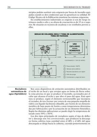 SEGURIDAD EN EL TRABAJO
398
nicipios podrán sustituir esta exigencia por bocas de incendio equi-
padas cuando se den condiciones que no garanticen su utilidad. El
Código Técnico de la Edificación mantiene las mismas exigencias.
En establecimientos industriales se exigirán si son de riesgo in-
trínseco medio o alto y su altura de evacuación es de 15 m o supe-
rior. Se situarán en recintos de escaleras o en vestíbulos previos a
ellas.
Uso
exclusivo
Bomberos
40
550
400
CONTRAMARCO Y TAPA DE HIERRO
Bocas de columna seca y toma de alimentación.
Toma en fachada
1 Pieza división 100/70
2 Válvula cierre esférico
3 Racores barcelona con tapón
4 Grifo de purga
5 Contramarco y tapa de hierro
Son unos dispositivos de extinción automática distribuidos en
el techo de un local y que arrojan agua en forma de lluvia sobre
la zona precisa en que se produce el incendio, accionados por el
calor que alcanza el techo y que abre el paso del agua. Esta aper-
tura se produce, según el elemento termosensible que incorpora
el rociador, de tres formas: por rotura de una pequeña ampolla de
vidrio con líquido fácilmente dilatable, por fusión de un elemento
metálico de bajo punto de fusión a unas temperaturas determina-
das por fabricación y por la actuación de un elemento bimetálico.
Según las distintas aplicaciones se puede elegir la temperatura de
tarado entre 59ºC y 343ºC.
Los dos tipos principales de rociadores según el tipo de deflec-
tor y descarga son: los convencionales, que producen la descarga
en forma esférica (una cantidad entre el 40% y el 60% del agua
descargada se dirige hacia la cubierta, cayendo posteriormente en
Rociadores
automáticos de
agua (Sprinklers)
 