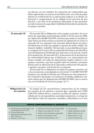 SEGURIDAD EN EL TRABAJO
428
cia directa con los módulos de evaluación de conformidad que
deben aplicárseles en el proceso de fabricación, con el fin de poder
obtener la certificación de su adecuación respecto a su diseño, fa-
bricación y aseguramiento de la calidad en los procesos de pro-
ducción, y por ello en los productos fabricados, lo que garantiza
en todo momento la seguridad y fiabilidad del producto producido,
el equipo a presión.
El marcado CE es obligatorio en los equipos a presión y los acce-
sorios de seguridad comercializados desde el 29 de mayo de 2002,
por aplicación del RD 769/1999, mientras que desde su entrada en
vigor hasta esa fecha existió un periodo de adaptación en el que el
marcado CE era opcional. Este marcado deberá fijarse por parte
del fabricante en todos los equipos a presión de forma visible, cla-
ramente legible e indeleble. Tal marcado es una identificación que
se compone de la marca CE acompañada del número de identifica-
ción del Organismo Notificado que interviene en la fase de control
de la producción. El marcado CE y el documento de la declaración
de conformidad indican que el fabricante o su representante de-
claran cumplir con todas las disposiciones legales relativas a los
equipos a presión y que han seguido todos los trámites correspon-
dientes para la obtención de la adecuada certificación del aparato
o equipos a presión, en función de su categoría.
El marcado CE es obligatorio en todos los equipos a presión, sal-
vo las excepciones contempladas en el artículo 3.3 del RD 769/1999
(equipos cuyo producto Presión por Volumen sea muy pequeño) y
los recipientes destinados al transporte de fluidos peligrosos que
estén sujetos por las disposiciones del RD 222/2001, que se marca-
rán con el símbolo de la la letra griega “pi” π.
Al margen de las características constructivas de los equipos,
los usuarios de los aparatos a presión fijos, regulados por el RD
1244/1979, debían llevar y conservar un libro de registro, visado y
sellado por la correspondiente autoridad competente, en el que de-
bían figurar todos los aparatos instalados, indicándose en el mis-
El marcado CE
Obligaciones de
los usuarios
• Identificación del fabricante o de
su representante en la CE
• Año de fabricación
• Identificación del equipo (tipo,
serie, lote, etc.)
• Volumen (V) en litros
MARCAS COMPLEMENTARIAS AL MARCADO CE
• Diámetro nominal de las tuberías (DN)
• Presión de prueba (PT), en bar
• Presión rotura dispositivo seguridad
• Potencia del equipo en kW
• Tensión de alimentación, en V
• Uso previsto
• Grado de llenado, en kg/l
• Masa máxima, en kg
• Masa tarada, en kg
• Grupo de productos
 