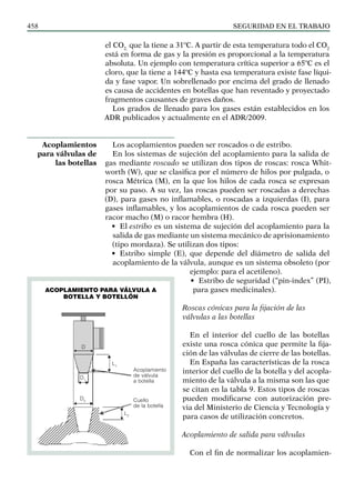 SEGURIDAD EN EL TRABAJO
458
el CO2,
que la tiene a 31ºC. A partir de esta temperatura todo el CO2
está en forma de gas y la presión es proporcional a la temperatura
absoluta. Un ejemplo con temperatura crítica superior a 65ºC es el
cloro, que la tiene a 144ºC y hasta esa temperatura existe fase líqui-
da y fase vapor. Un sobrellenado por encima del grado de llenado
es causa de accidentes en botellas que han reventado y proyectado
fragmentos causantes de graves daños.
Los grados de llenado para los gases están establecidos en los
ADR publicados y actualmente en el ADR/2009.
Los acoplamientos pueden ser roscados o de estribo.
En los siste