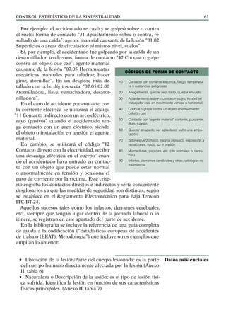 control estadístico de la siniestralidad 61
Por ejemplo: el accidentado se cayó y se golpeó sobre o contra
el suelo: forma de contacto “31 Aplastamiento sobre o contra, re-
sultado de una caída”; agente material causante de la lesión “01.02
Superficies o áreas de circulación al mismo nivel, suelos”.
Si, por ejemplo, el accidentado fue golpeado por la caída de un
destornillador, tendremos: forma de contacto “42 Choque o golpe
contra un objeto que cae”; agente material
causante de la lesión “07.05 Herramientas
mecánicas manuales para taladrar, hacer
girar, atornillar”. En un desglose más de-
tallado con ocho dígitos sería: “07.05.02.00
Atornilladora, llave, remachadora, desator-
nilladora”.
En el caso de accidente por contacto con
la corriente eléctrica se utilizará el código
“11 Contacto indirecto con un arco eléctrico,
rayo (pasivo)” cuando el accidentado ten-
ga contacto con un arco eléctrico, siendo
el objeto o instalación en tensión el agente
material.
En cambio, se utilizará el código “12
Contacto directo con la electricidad, recibir
una descarga eléctrica en el cuerpo” cuan-
do el accidentado haya entrado en contac-
to con un objeto que puede estar normal
o anormalmente en tensión y ocasiona el
paso de corriente por la víctima. Este crite-
rio engloba los contactos directos e indirectos y sería conveniente
desglosarlos ya que las medidas de seguridad son distintas, según
se establece en el Reglamento Electrotécnico para Baja Tensión
ITC-BT-24.
Aquellos sucesos tales como los infartos, derrames cerebrales,
etc., siempre que tengan lugar dentro de la jornada laboral o in
itinere, se registran en este apartado del parte de accidente.
En la bibliografía se incluye la referencia de una guía completa
de ayuda a la codificación (“Estadísticas europeas de accidentes
de trabajo (EEAT). Metodología”) que incluye otros ejemplos que
amplían lo anterior.
• Ubicación de la lesión/Parte del cuerpo lesionada: es la parte
del cuerpo humano directamente afectada por la lesión (Anexo
II, tabla 6).
• Naturaleza o Descripción de la lesión: es el tipo de lesión físi-
ca sufrida. Identifica la lesión en función de sus características
físicas principales. (Anexo II, tabla 7).
Datos asistenciales
10 Contacto con corriente eléctrica, fuego, temperatu-
ra o sustancias peligrosas
20 Ahogamiento, quedar sepultado, quedar envuelto
30 Aplastamiento sobre o contra un objeto inmóvil (el
trabajador está en movimiento vertical u horizontal)
40 Choque o golpe contra un objeto en movimiento,
colisión con
50 Contacto con “agente material” cortante, punzante,
duro, rugoso
60 Quedar atrapado, ser aplastado, sufrir una ampu-
tación
70 Sobreesfuerzo físico, trauma psíquico, exposición a
radiaciones, ruido, luz o presión
80 Mordeduras, patadas, etc. (de animales o perso-
nas)
90 Infartos, derrames cerebrales y otras patologías no
traumáticas
CÓDIGOS DE FORMA DE CONTACTO
 