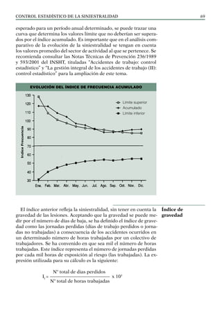 control estadístico de la siniestralidad 69
esperado para un período anual determinado, se puede trazar una
curva que determina los valores límite que no deberían ser supera-
dos por el índice acumulado. Es importante que en el análisis com-
parativo de la evolución de la siniestralidad se tengan en cuenta
los valores promedio del sector de actividad al que se pertenece. Se
recomienda consultar las Notas Técnicas de Prevención 236/1989
y 593/2001 del INSHT, tituladas “Accidentes de trabajo: control
estadístico” y “La gestión integral de los accidentes de trabajo (II):
control estadístico” para la ampliación de este tema.
El índice anterior refleja la siniestralidad, sin tener en cuenta la
gravedad de las lesiones. Aceptando que la gravedad se puede me-
dir por el número de días de baja, se ha definido el índice de grave-
dad como las jornadas perdidas (días de trabajo perdidos o jorna-
das no trabajadas) a consecuencia de los accidentes ocurridos en
un determinado número de horas trabajadas por un colectivo de
trabajadores. Se ha convenido en que sea mil el número de horas
trabajadas. Este índice representa el número de jornadas perdidas
por cada mil horas de exposición al riesgo (las trabajadas). La ex-
presión utilizada para su cálculo es la siguiente:
Nº total de dias perdidos
If
= ————————————— x 103
		
Nº total de horas trabajadas
Índice de
gravedad
EVOLUCIÓN DEL ÍNDICE DE FRECUENCIA ACUMULADO
Límite superior
Acumulado
Límite inferior
 