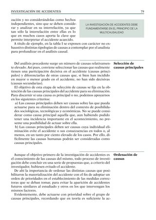 INVESTIGACIÓN DE ACCIDENTES 79
zación y no considerándolas como hechos
independientes, sino que se deben conside-
rar y analizar en su interrelación, ya que
tan sólo la interrelación entre ellas es lo
que en muchos casos aporta la clave que
permite interpretar el accidente acaecido.
A título de ejemplo, en la tabla I se exponen con carácter no ex-
haustivo distintas tipologías de causas a contemplar por el analista
para profundizar en el análisis causal.
Del análisis precedente surge un número de causas relativamen-
te elevado. Así pues, conviene seleccionar las causas que realmente
tienen una participación decisiva en el accidente (causas princi-
pales) y diferenciarlas de otras causas que, si bien han incidido
en mayor o menor grado en el accidente, no han sido decisivas
(causas secundarias).
El objetivo de esta etapa de selección de causas se fija en la ob-
tención de las causas principales del accidente para su eliminación.
Para discernir si una causa es principal o no, podemos apoyarnos
en los siguientes criterios:
a) Las causas principales deben ser causas sobre las que pueda
actuarse para su eliminación dentro del contexto de posibilida-
des sociológicas, tecnológicas y económicas. No se puede consi-
derar como causa principal aquella que, aun habiendo podido
tener una incidencia importante en el acontecimiento, no pre-
sente una posibilidad de actuar sobre ella.
b) Las causas principales deben ser causas cuya individual eli-
minación evite el accidente o sus consecuencias en todos o, al
menos, en un tanto por ciento elevado de los casos. Por ello, di-
fícilmente las causas humanas podrán ser consideradas como
causas principales.
Aunque el objetivo primero de la investigación de accidentes es
el conocimiento de las causas del mismo, todo proceso de investi-
gación debe concluir en una serie de propuestas que, a criterio del
investigador, hubiesen evitado el accidente.
De ahí la importancia de ordenar las distintas causas que posi-
bilitaron la materialización del accidente con el fin de adoptar un
orden de prioridades en el establecimiento de las medidas correc-
toras que se deban tomar, para evitar la aparición de accidentes
futuros similares al estudiado y otros en los que intervengan los
mismos factores.
Evidentemente, debe actuarse con prioridad sobre el grupo de
causas principales, recordando que en teoría es suficiente la ac-
Selección de
causas principales
Ordenación de
causas
LA INVESTIGACIÓN DE ACCIDENTES DEBE
FUNDAMENTARSE EN EL PRINCIPIO DE LA
MULTICAUSALIDAD
 