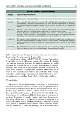 EVALUACIÓN DE RIESGOS Y REVISIONES DE SEGURIDAD 99
No se requiere acción específica
No se necesita mejorar la acción preventiva. Sin embargo, deben considerarse soluciones
más rentables o mejoras que no supongan una carga económica importante. Se requieren
comprobaciones periódicas para asegurar que se mantiene la eficacia de las medidas de
control.
Se deben hacer esfuerzos para reducir el riesgo, determinando las inversiones precisas. Las
medidas para reducir el riesgo deben implantarse en un período determinado.
Cuando el riesgo moderado está asociado con con­
secuencias extremadamente dañinas, se
precisará una acción posterior para establecer, con más precisión, la probabilidad de daño
como base para determinar la necesidad de mejora de las medidas de control.
No debe comenzarse el trabajo hasta que se haya reducido el riesgo. Puede que se precisen
recursos considerables para controlar el riesgo. Cuando el riesgo corresponda a un trabajo
que se está realizando, debe remediarse el problema en un tiempo inferior al de los riesgos
moderados.
No debe comenzar ni continuar el trabajo hasta que se reduzca el riesgo. Si no es posible
reducir el riesgo, incluso con recursos ilimitados, debe prohibirse el trabajo.
RIESGO, ACCIÓN Y TEMPORIZACIÓN
Riesgo	 Acción y temporización
Trivial
Tolerable
Moderado
Importante
Intolerable
de los riesgos en cuestión y, consecuentemente, fijar unas priorida-
des para acordar un programa de actuación.
El método desarrollado en la NTP-330 del Instituto Nacional de
Seguridad e Higiene en el Trabajo establece los criterios de clasifica-
ción tanto de los daños derivados del accidente como de sus proba-
bilidades. De su interrelación se derivan las diferentes situaciones
de riesgo para priorizar la aplicación de medidas correctoras. Tal
como se ha expuesto anteriormente, deberían establecerse los di-
ferentes tipos de medidas preventivas para cada uno de los riesgos
evaluados. La mayoría de autoridades en materia laboral de las co-
munidades autónomas han desarrollado metodologías similares.
El método Fine
Cabe reseñar un método histórico de evaluación de riesgos de
accidente de amplia difusión en nuestro país, del que fue autor el
norteamericano William Fine. Dicho método permite estimar el
nivel de riesgo en función de tres factores clave: las consecuencias
de un posible accidente, que se definen como los resultados más
probables de un accidente, debido al riesgo que se considera, in-
cluyendo desgracias personales y daños materiales; la exposición
a la causa básica, que es la frecuencia con que se presenta la si-
tuación de riesgo, siendo tal el primer acontecimiento indeseado
que iniciaría la secuencia del accidente; y la probabilidad de que,
una vez presentada la situación de riesgo, los acontecimientos de
 