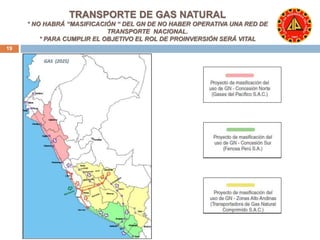 TRANSPORTE DE GAS NATURAL 
* NO HABRÁ “MASIFICACIÓN “ DEL GN DE NO HABER OPERATIVA UNA RED DE 
TRANSPORTE NACIONAL. 
* PARA CUMPLIR EL OBJETIVO EL ROL DE PROINVERSIÓN SERÁ VITAL 
19 
 