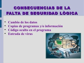 CONSECUENCIAS DE LA
    FALTA DE SEGURIDAD LÒGICA


    Cambio de los datos

    Copias de programas y/o información

    Código oculto en el programa

    Entrada de virus
 