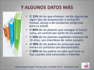 El  15%  de los que chatean, recibe alguna vez algún tipo de provocación o incitación (sexual, sectas o de conductas peligrosas para su salud). El  85%  de los jóvenes que navegan lo hacen solos, sin control por parte de los padres. El  50%  de los jóvenes españoles menores de 18 años, son miembros de redes sociales. Al  90%  de los padres les preocupa que entren en contacto con desconocidos. El  80%  de los padres no sabe qué hace su hijo cuando está conectado a internet. Biblioteca Regional de Madrid - Pilar Picazo Zofío - Curso IMAP "Web 2.0" - Seguridad informática 