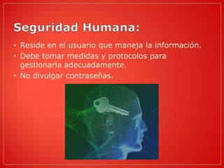 • Reside en el usuario que maneja la información.
• Debe tomar medidas y protocolos para
  gestionarla adecuadamente.
• No divulgar contraseñas.
 
