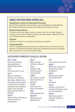 HABLE CON SUS HIJOS ACERCA DE…
Seudónimos y Hojas de Información Personal
Evite utilizar seudónimos provocativos o que lo identifiquen personalmente.
No incluya información personal en las hojas de información en línea.

Recepción de Archivos
Si acepta archivos de alguien que no conoce, o aun de un amigo, tenga en
cuenta que los archivos pueden contener virus que pueden contaminar o borrar la información de su computador.

Extraños
Instruya a su hijo/a a no chatear con extraños por Internet.

Comportamiento
El buen comportamiento debe ponerse en práctica tanto en Internet como en
persona. Cuando esté chateando evite hacer comentarios que serían inapropiados u ofensivos en una conversación verbal.

ACRONYMS PARENTS SHOULD KNOW:
AFK / BAK

MorF

F2F

Away from keyboard
[ausente]/Back at
keyboard [de vuelta]

Male or female
[¿Hombre o Mujer?]

Face to face [cara a cara]

SorG

121

Straight or gay
[¿heterosexual u
homosexual?]

What’s your real name?
[¿Cuál es tu nombre
verdadero?]

One-to-one [uno-a-uno]

ASL?
Age, sex, location?
[¿Edad, sexo, ciudad?]

PA/ PAL/ POS/ P911
Parent alert [alerta padres
cerca]/Parents are listening [padres escuchando]/
Parents over shoulder
[padre leyendo sobre mi
hombro]

LMIRL
Let's meet in real life
[Conozcámonos en
persona]

WRN?

WUF?
Where are you from?
[¿De dónde eres?]

53x
Sex [Sexo]

TDTM

Cyber

Talk dirty to me
[Díme cochinadas]

ADR

Cybersex, sex over the
computer [Cibersexo, sexo
por el computador]

Address [Dirección]

NIFOC

WTGP

WYCM?

Naked in front of computer
[desnudo frente al
computador]

Will you call me?
[¿Me llamas?]

Want to go private?
[¿Quieres chatear en
privado]

Time Warner Cable Cyber Safety Guide

5

 