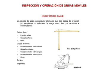Un equipo de izaje es cualquier elemento que sea capaz de levantar
y/o desplazar un volumen de carga como los que se citan a
continuación:
Grúas fijas.
• Puentes grúas.
• Grúas tipo Torre.
• Otros.
Grúas móviles.
• Grúas montadas sobre ruedas.
• Grúas ferroviarias.
• Grúas montadas sobre orugas.
• Grúas montadas sobre pontón.
• Otros.
Tecles.
Trípodes.
INSPECCIÓN Y OPERACIÓN DE GRÚAS MÓVILES
EQUIPOS DE IZAJE
 