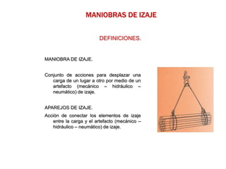 MANIOBRA DE IZAJE.
Conjunto de acciones para desplazar una
carga de un lugar a otro por medio de un
artefacto (mecánico – hidráulico –
neumático) de izaje.
APAREJOS DE IZAJE.
Acción de conectar los elementos de izaje
entre la carga y el artefacto (mecánico –
hidráulico – neumático) de izaje.
MANIOBRAS DE IZAJE
DEFINICIONES.
 