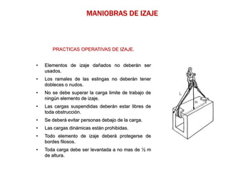PRACTICAS OPERATIVAS DE IZAJE.
• Elementos de izaje dañados no deberán ser
usados.
• Los ramales de las eslingas no deberán tener
dobleces o nudos.
• No se debe superar la carga limite de trabajo de
ningún elemento de izaje.
• Las cargas suspendidas deberán estar libres de
toda obstrucción.
• Se deberá evitar personas debajo de la carga.
• Las cargas dinámicas están prohibidas.
• Todo elemento de izaje deberá protegerse de
bordes filosos.
• Toda carga debe ser levantada a no mas de ½ m
de altura.
MANIOBRAS DE IZAJE
 