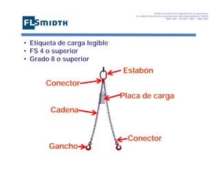 Gestión basada en la Seguridad de las personasa
La calidad del servicio y la protección del medioambiente OHSAS
18001:2007 - ISO 9001: 2008 – 14001:2004
,

• Etiqueta de carga legible
• FS 4 o superior
• Grado 8 o superior

Eslabón
Conector
Placa de carga
Cadena

Conector
Gancho

 