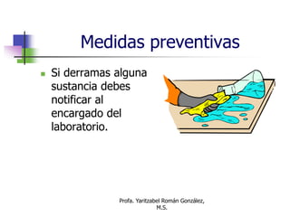Profa. Yaritzabel Román González,
M.S.
Medidas preventivas
 Si derramas alguna
sustancia debes
notificar al
encargado del
laboratorio.
 