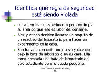 Profa. Yaritzabel Román González,
M.S.
Identifica qué regla de seguridad
está siendo violada
 Luisa termina su experimento pero no limpia
su área porque eso es labor del conserje.
 Alex y Ariana deciden llevarse un poquito de
un reactivo del laboratorio para hacer un
experimento en la casa.
 Sandra vino con uniforme nuevo y dice que
dejó la bata de laboratorio en su casa. Ella
toma prestada una bata de laboratorio de
otro estudiante pero le queda pequeña.
 