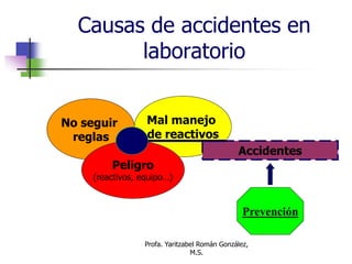 Profa. Yaritzabel Román González,
M.S.
No seguir
reglas
Mal manejo
de reactivos
Peligro
(reactivos, equipo…)
Accidentes
Causas de accidentes en
laboratorio
Prevención
 