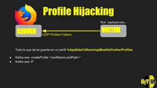 Profile Hijacking
VICTI
Run payload.exe...
SERVER GZIP Profiles Folders
VICTIM
Todo lo que tal se guarda en un perfil %App...