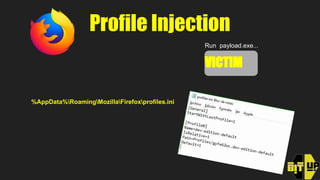 Profile Injection
%AppData%RoamingMozillaFirefoxprofiles.ini
VICTIM
Run payload.exe...
 