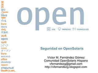 USE    IMPROVE    EVANGELIZE




Seguridad en OpenSolaris

   Víctor M. Fernández Gómez
 Comunidad OpenSolaris Hispano
     vfernandezg@gmail.com
 http://vfernandezg.blogspot.com
 