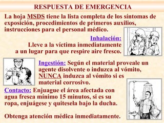 RESPUESTA DE EMERGENCIA La hoja  MSDS  tiene la lista completa de los síntomas de exposición, procedimientos de primeros auxilios,  instrucciones para el personal médico. Inhalación: Lleve a la víctima inmediatamente a un lugar para que respire aire fresco. Ingestión:  Según el material proveale un agente disolvente o induzca al vómito, NUNCA  induzca al vómito si es material corrosivo. Contacto:  Enjuague el área afectada con agua fresca mínimo 15 minutos, si es su ropa, enjuágese y quitesela bajo la ducha. Obtenga atención médica inmediatamente. 