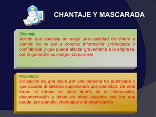 CHANTAJE Y MASCARADA
Chantaje
Acción que consiste en exigir una cantidad de dinero a
cambio de no dar a conocer información privilegiada o
confidencial y que puede afectar gravemente a la empresa,
por lo general a su imagen corporativa
Mascarada
Utilización de una clave por una persona no autorizada y
que accede al sistema suplantando una identidad. De esta
forma el intruso se hace dueño de la información,
documentación y datos de otros usuarios con los que
puede, por ejemplo, chantajear a la organización
 