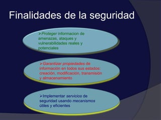 Finalidades de la seguridad
Proteger informacion de
amenazas, ataques y
vulnerabilidades reales y
potenciales
Garantizar propiedades de
información en todos sus estados:
creación, modificación, transmisión
y almacenamiento
Implementar servicios de
seguridad usando mecanismos
útiles y eficientes
 