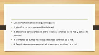• Generalmente involucra los siguientes pasos:
• 1. Identifica los recursos sensibles de la red.
• 2. Determina correspondencia entre recursos sensibles de la red y series de
usuarios.
• 3. Monitorea los puntos de acceso a recursos sensibles de la red.
• 4. Registra los accesos no autorizados a recursos sensibles de la red.
 
