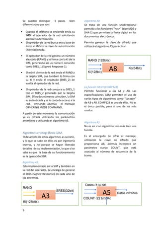 Se pueden distinguir
diferenciados que son:


5 pasos

bien

Cuando el teléfono se enciende envía su
IMSI al operador de la red solicitando
acceso y autenticación.
El operador de la red busca en su base de
datos el IMSI y la clave de autenticación
(Ki) relacionada.





El operador de la red genera un número
aleatorio (RAND) y lo firma con la Ki de la
SIM, generando así un número conocido
como SRES_1 (Signed Response 1).



El móvil cliente de la red envía el RAND a
la tarjeta SIM, que también lo firma con
su Ki y envía el resultado (SRES_2) de
vuelta al operador de la red.



El operador de la red compara su SRES_1
con el SRES_2 generado por la tarjeta
SIM. Si los dos números coinciden, la SIM
es autenticada y se le concede acceso a la
red, enviando además el mensaje
CIPHERING MODE COMMAND.
A partir de este momento la comunicación
ya es cifrada utilizando los parámetros
anteriores y utilizando el algoritmo A5.

Algoritmos criptográficos GSM.
El desarrollo de estos algoritmos es secreto,
y lo que se sabe de ellos es por ingeniería
inversa, y no porque se hayan liberado
detalles de su implementación, lo que sí se
sabe es que la base de su funcionamiento
es la operación XOR.

Algoritmo A8
Se trata de una función unidireccional
parecida a las funciones "hash" (tipo MD5 o
SHA-1) que permiten la firma digital en los
documentos electrónicos.
Permite generar la clave de cifrado que
utilizará el algoritmo A5 para cifrar.

RAND (128bits)

A8

Ki(128bit)

Kc(64bit)

La función HASH (COMP128)
Permite funcionar a los A3 y A8. Las
especificaciones GSM permiten el uso de
varios tipos de algoritmos como "corazón"
de A3 y A8. COMP128 es uno de ellos. No es
el único posible, pero sí uno de los más
usados.

Algoritmo A5
No es en sí un algoritmo sino más bien una
familia.
Es el encargado de cifrar el mensaje,
utilizando la clave de cifrado que
proporciona A8, además incorpora un
parámetro nuevo COUNT, que está
asociado al número de secuencia de la
trama.

Algoritmo A3:
Esta implementado en la SIM y también en
la red del operador. Se encarga de generar
el SRES (Signed Response) en cada uno de
los extremos.

RAND
(128bits)
Ki(128bits)
5

Datos (114 bit)
SRES(32bit)

A3

A5

COUNT (22 bit) Kc

Datos cifrados

 
