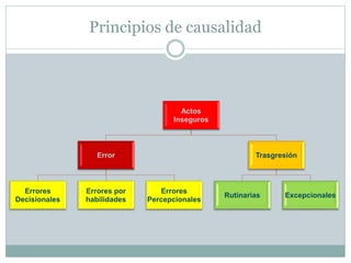 Principios de causalidad
Actos
Inseguros
Error
Errores
Decisionales
Errores por
habilidades
Errores
Percepcionales
Trasgresión
Rutinarias Excepcionales
 