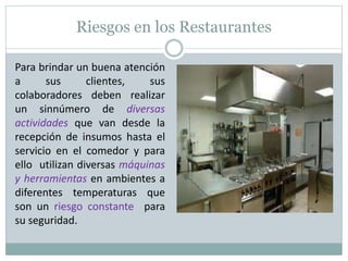 Riesgos en los Restaurantes
Para brindar un buena atención
a sus clientes, sus
colaboradores deben realizar
un sinnúmero de diversas
actividades que van desde la
recepción de insumos hasta el
servicio en el comedor y para
ello utilizan diversas máquinas
y herramientas en ambientes a
diferentes temperaturas que
son un riesgo constante para
su seguridad.
 