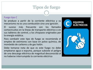 Tipos de fuego
Fuego tipo C
Se produce a partir de la corriente eléctrica y su
mecanismo no es una combustión sino una ignición.
El suceso más frecuente son los llamados
cortocircuitos en la líneas de transporte eléctrico o en
sus tableros de control, y los chispazos originados por
la energía estática.
Para combatir este tipo de fuego se recomienda el
empleo de extintores con base en polvo químico, de
monóxido de carbono y de gas halón.
Debe tomarse nota de que es este fuego no debe
emplearse agua o espuma, porque subsiste el peligro
de una descarga eléctrica de magnitud desconocida al
no haberse interrumpido la corriente eléctrica
 