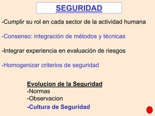 -Cumplir su rol en cada sector de la actividad humana
-Consenso: integración de métodos y técnicas
-Integrar experiencia en evaluación de riesgos
-Homogenizar criterios de seguridad
SEGURIDAD
Evolucion de la Seguridad
-Normas
-Observacion
-Cultura de Seguridad
 