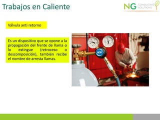 Trabajos en Caliente
Válvula anti retorno
Es un dispositivo que se opone a la
propagación del frente de llama o
lo extingue (retroceso o
descomposición), también recibe
el nombre de arresta llamas.
 