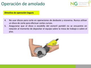Operación de amolado
Directiva de operación Segura
4. No usar discos para corte en operaciones de desbaste y viceversa. Nunca utilizar
un disco de corte para efectuar cortes curvos.
5. Asegurarse que el disco o escobilla del esmeril portátil no se encuentre en
rotación al momento de depositar el equipo sobre la mesa de trabajo o sobre el
piso.
 