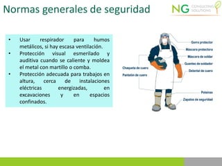 Normas generales de seguridad
• Usar respirador para humos
metálicos, si hay escasa ventilación.
• Protección visual esmerilado y
auditiva cuando se caliente y moldea
el metal con martillo o comba.
• Protección adecuada para trabajos en
altura, cerca de instalaciones
eléctricas energizadas, en
excavaciones y en espacios
confinados.
 