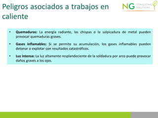 Peligros asociados a trabajos en
caliente
• Quemaduras: La energía radiante, las chispas o la salpicadura de metal pueden
provocar quemaduras graves.
• Gases inflamables: Si se permite su acumulación, los gases inflamables pueden
detonar o explotar con resultados catastróficos.
• Luz intensa: La luz altamente resplandeciente de la soldadura por arco puede provocar
daños graves a los ojos.
 